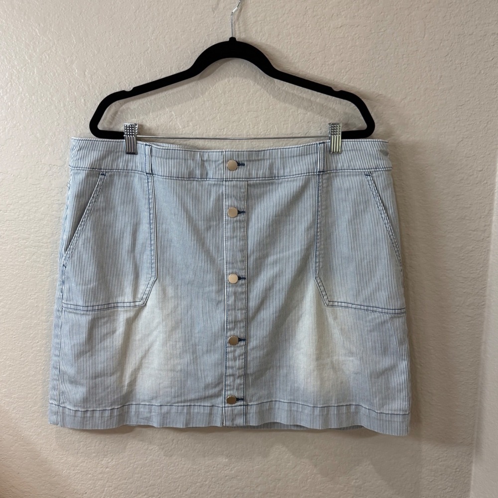 Chico's Skirt 3.5 XL 18 Blue White Stripe Button Front Pockets Coastal Preppy